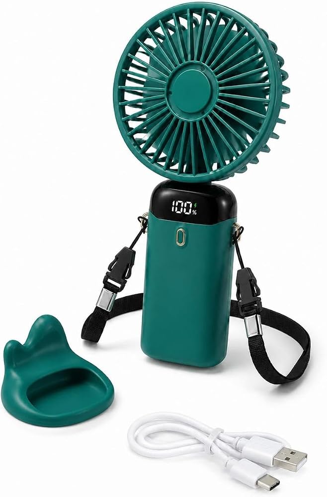 Busstier Taşınabilir Mini El Fanı LED Dijital Göstergeli 5 Kademeli Sessiz USB Şarjlı Katlanabilir Masaüstü Boyun Askılı Portatif Fan Güç Göstergeli Seyahat Kamp Ofis Ev Kullanımı İçin (Yeşil)