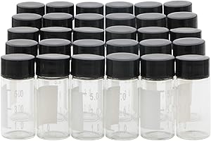 Rowiz 30PCS 5ml (0.18 Oz) Clear Liquid Sampling Sample,Medicine Glass Bottle with Black Screwcap with Scale Line and Writing Label