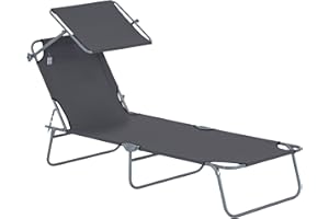 ‎OUTSUNNY Outsunny Sonnenliege klappbar Gartenliege mit Dach, Liegestuhl mit 4-Fach verstellbare Rückenlehne, wetterfeste Campingliege bis 120 kg belastbar, für Garten Strand Pool, Grau