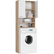 BDW Wasmachinekast 180x64x30 cm, Hoge badkamerkast, Hoge badkamerkast, Badkamermeubel, Badkamerkast, Badkamerplank, Wasmachine, Wit/Grijs