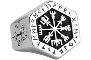 FORFOX Anello Rune e Bussola Vegvisir Vichingo Nordico in Acciaio Titanio con Valknut e Albero della Vita per Uomo Donna Taglia 14-35