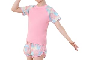 BASADINA Girls Swimming Costume Swimsuits, Kids Two-Piece Rashguard Swim Set Bathing Suits Beach Shorts Quick Dry Swim Shirts Size 9-14 Years
