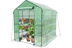 VOUNOT® Invernadero de Jardín 143x215x195 cm Vivero Casero Plantas Cultivo con Puerta Enrollable y Ventana, Invernadero Huerto Caseta de Jardín 12 Estantes para Plantas Macetas Flores, Verde