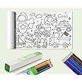 Coolchic Kids Coloring Paper Roll And 24PCS color pencils Set,3 Meters Clean Sticky Drawing Paper Roll for Toddler, Table Wall Coloring Poster Set for Christmas Gift (Dinosaur and traffic)