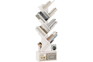 YMYNY Estantería de árbol, Librería Alta de 6 Niveles, Estantería Estrecha de Almacenamiento de Madera con cajones para salón, Sala de Estar, Dormitorio,‎38×19×112CM, Blanco HBC016W