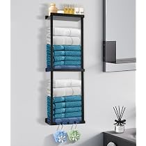 Porte-Serviettes Mural Réglable 38-75cm - Support Salle De Bain Avec Étagère Et Crochets - Noir
