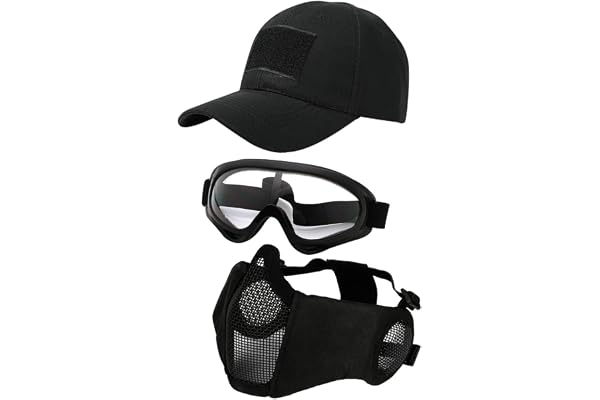 Hodeacc Lot de 3 masques tactiques pour airsoft,casquette de baseball,demi-masque réglable en maille avec protection des oreilles,chapeau de protection des yeux pour extérieur Airsoft/BB/CS