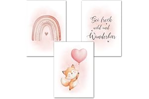 LAVEMA Bilder Kinderzimmer Mädchen | Babyzimmer Poster DIN A3 (30x42cm) Poster Set | Wanddeko Kinderzimmer Deko Fuchs Rosa Wandposter Kinderbilder Wandbilder Tiere skandinavisch | ohne Bilderrahmen