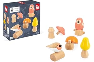 JANOD - 2 Oiseaux et 3 Champignons à Visser - Jouet d'Éveil et Premier Age - Développe la Dextérité - Jouet en Bois FSC - Partenariat WWF - Dès 18 Mois, J08643