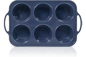 FOLKSY SUPER KITCHEN SUPER KITCHEN Deep and Jumbo Silicone Muffin Tray with Metal Frame, 6 Cup Silicone Cupcake Tray with Handle, Non Stick Silicone Muffin Moulds, Large Yorkshire Pudding Tray Silicone Muffin Tin, Grey