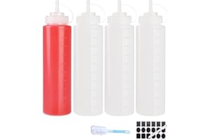 YBCPACK Quetschflasche 1000ml, 4 Stück Ketchup Flaschen mit Auslaufsichere Kappe und Messskal, lebensmittelecht, nachfüllbar Squeeze Flasche für Saucen, Ketchup und Salatdressing
