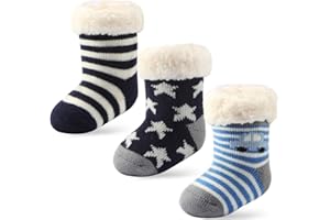 Wobon 3 Pairs Toddler Girl Boy Sherpa-lined Fuzzy Socks Anti Skid with Grips, Baby Girl Boy Christmas Socks Kids Slipper Socks