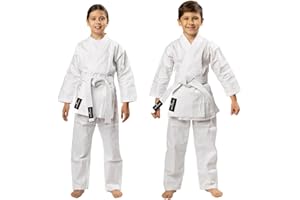 VERSAL Karate Gi per bambini/adulti, uniforme da karate per studenti, colore bianco, 226,8 g, in policotone leggero, per allenamento di arti marziali, sparring, taekwondo, con cintura