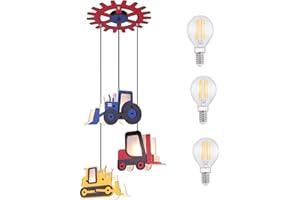 ‎BMF-VERSAND Kinderzimmer Lampen Jungen und Mädchen mit LED - Pendelleuchte 3-Flammig - Pendellampe Kinder - Kinderzimmerlampe Bagger Traktor Stapler Blau Rot Gelb - Hängelampe Babyzimmer - Bunt 120 x 55 cm