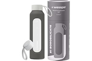 Wessper Bouteille a eau 500 millilitres, Bouteille de Motivation avec échelle D'hydratation, Gourde pour eau en Verre Borosilicaté avec étui en Silicone, Matériau Sans BPA - Gris
