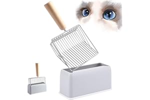JUXINE Cat Litter Scoop with Holder, Metal Cat Litter Scooper, Heavy Duty and Easy Clean,Fast Sifting Non-Stick Cat Poop Sifting with Container to Store cat Scooper.