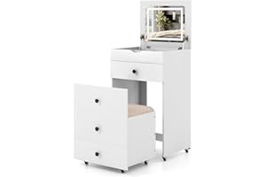 RELAX4LIFE Dressing Table with Stool and Flip Up LED Mirror, 3-in-1 Vanity Makeup Table with 3 Light Colors & Adjustable Brightness, Drawers Storage Unit Cosmetic Bedroom Dresser Make Up Desk