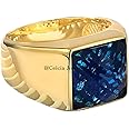 Natural Blue Cubic Zircon 12MM Gemstone Ring, Solid 925 Sterling Silver Ring, Unique Gifts for Son, Groomsmen Gifts, Mens Signet Ring, Yellow Gold Vermeil Ring, (blue-cubic-zircon (yellow)