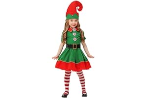 GENERIC Christmas Elf Costume for Kids Christmas Costume Fancy Dress Set Short Sleeve Dress with Hat Belt and Socks Children Elf Costume for Christmas, Carnival, Cosplay Outfit