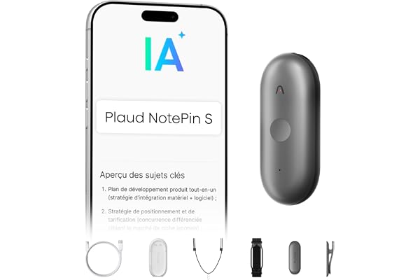 Plaud NotePin S Enregistreur Vocal IA avec Bouton Tactile Prise de Notes IA Transcription Résumé IA Dictaphone Enregistreur Numérique pour Réunions et Interviews avec 4 Accessoires Gris