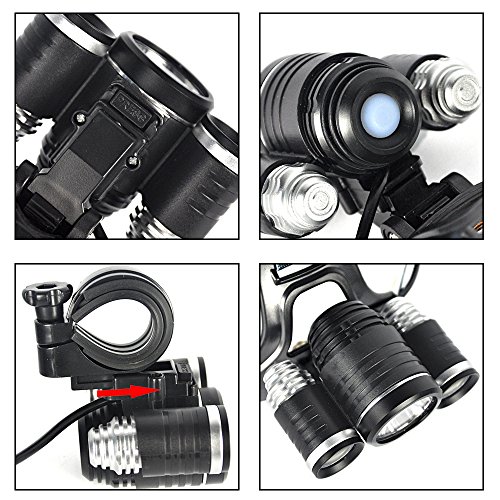 Boruit Sehr Heller Wiederaufladbare , Abnehmbare, Verstellbare & Wasserdichte , 3 Modi 3* T6 LED Kopflampe für Fahrrad Lampe,Camping,Jogging,Wandern,Radfahren,Jagen&Fischen;Paket einschließen 2*18650 Wiederaufladbare Batterien+EU Ladegerät+Auto-Ladegerät - 4