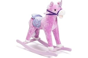 BAKAJI Cavallo a Dondolo per Bambini con Suoni Realistici Nitrisce e Muove la Bocca Struttura in Legno e Tessuto Peluche di qualità Giochi Infanzia (Rosa)