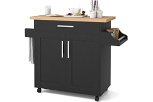 COSTWAY Kitchen Storage Trolley, Rolling Kitchen Island with Adjustable Shelf and Large Drawer, Home Restaurant Dining Room Organiser Sideboard Cupboard Cabinet Cart (Black, 111 x 40 x 90cm)