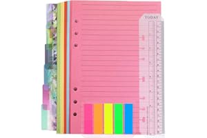 QincLing A5 nachfüllbares Notizpapier-Set, 1 Packung, 50 Blatt, 6 Löcher, A5-Nachfüllpapier, liniert, 6 farbige PVC-Bindeblätter, Trennblätter, 125 Stück Registerregister mit Lineal für Journal-Notizb