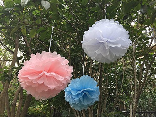 Veewon 9 x hängen Tissue Papier Pom Poms Blume für Hochzeit Party, Geburtstag und Baby Dusche Dekoration, in 10 Zoll (Blau+Rosa+Weiß) - 2