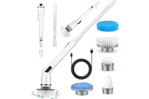 ASSCA Spin Scrubber Electric Cordless ​Shower Cleaner Bathroom Cleaning Brush Scrubbing Brush with Tool Free Adjustable Extension Arm and 5 Replaceable Heads for Tile Tub Kitchen Floor Bathroom Home