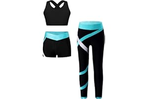 YEAHDOR 3-Set Completo Sportivo Bambina Tuta Ginnastica Artistica Crop Top Reggiseno Sportivo + Pantaloni da Jogging Leggings Sportivi + Pantaloncini Sportwear