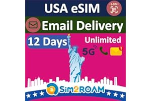 SIM2ROAM USA eSIM, compatible with T-Mobile Network | 12 Days Unlimited 5G Data in USA (incl. Hawaii) | Low-Speed Data in Canada & Mexico | Unlimited Calls & Texts | USA Native eSIM | Instant Email Delivery