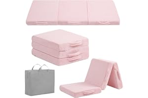 YOTATING Foldable Floor Mattress for Kids, Toddler Folding Futon Mattress, Kids Trifold Sofa Bed Convertible Children Portable Sofa with Storage Bag for Girls and Boys, Plush Pink