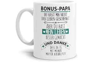 Tasse mit Spruch - Danke Bonus Papa - Kaffeetasse/Spruchtasse/Bester Stiefpapa/Geschenk Stiefvater - Weiß
