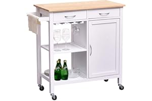 BAKAJI Carrello da Cucina in Legno con Ripiano Tagliere Naturale 2 Cassetti Portaposate Porta Capsule caffè 2 Ripiani + Mobiletto con Anta 2 Mensole Porta Calici Vino e 4 Ruote Girevoli