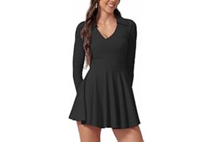 IMEKIS Vestido de tenis para mujer, manga larga, cuello de pico, vestido de polo con pantalones cortos, bolsillo, 2 piezas, ropa de tenis, línea A, vestido deportivo, ropa de tenis, vestido de entrenamiento