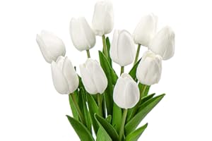 ‎HOLLYONE 10 pcs Künstliche Blumen Tulpen, Decor Kunstblumen sehr echt, Plastikblumen Tulpen PU Latex real Touch, Gefälschte Blumen Tulpen Weiß für Hochzeitszimmer Home Decor Wohnzimmer Büro Hotel Küche Decor