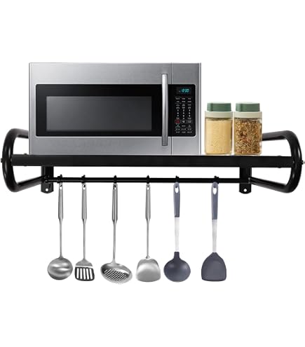 DAOHHFO Support Mural Micro-ondes 2 Niveaux Avec 6 Crochets - Étagère Cuisine Robuste 30kg