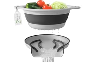 Gevoli Scolapasta pieghevole grande con base autodrenante, colino in plastica per scarico laterale per il bordo del lavello della cucina, bianco (set da 2 pezzi)