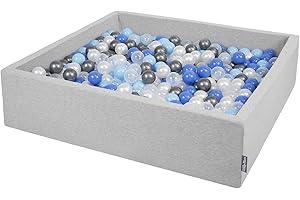 KiddyMoon Soft Ball Pit Square 120X30cm/200 Balls ∅ 7Cm / 2.75In For Kids, Foam Ball Pool Baby Playballs Children, Made In EU, Light Grey:Pearl-Blue-Babyblue-Transparent