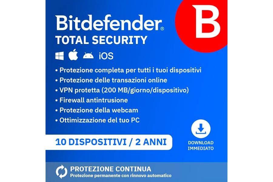 Bitdefender Total Security 2025 | 10 Dispositivi | 2 Anni | PC/Mac/iOS/Android | Codice di attivazione via email | Rinnovo au