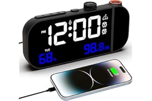 VORRINC Reloj despertador con proyección, radio despertador digital de 15 pulgadas con números grandes/alarmas dobles/repetición/temperatura/humedad/brillo y ajuste de volumen, puerto de carga USB C