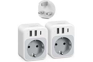 TESSAN Paquete de 2 Adaptador Enchufe UK, 4 en 1 Enchufe Tipo G con USB C y 2 USB A, Adaptador Ingles a Español 3250 W, Adapter Irlanda, EU to UK Plug Adapter para Irlanda Escocia