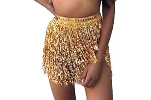 SINLOV Belly Dance Skirts Dancing Hip Tassel Scarf Belt Sequin Wrap Skirt Rave Costume for Women Girls (Light Blue)