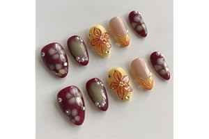 MouyouGlow Press on Nails krótkie paznokcie, Almond Giallo French 3D, kwiaty, kwiaty, kryształ, perła, brązowy, wzór migdałowy Y2k, sztuczne paznokcie z klejem do paznokci, brązowe kwiaty, lato, INS