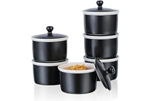 240ml Pirottini per Soufflé con Coperchio, Candiicap Set di 6 Pirottini da Soufflé in Porcellana per Cuocere al Forno, Budini, Creme Brulée, Salsa di Servizio (240ml, Nero Opaco)