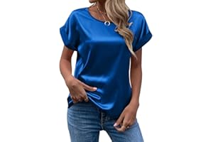 FAWHEWX Seidenhemd Damen Kurzarm Rundhals Satin Hemd Lose Tunika Tops Sommer Frauen Elegant Rundhals Kurzarm Satin Seidenhemd T-Shirt Oberteil EU 2XL