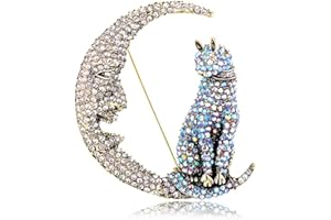 IMINI Strass Brosche Katze auf dem Mond für Frauen und Mädchen Vintage AB Kristall Tier Kätzchen Halbmond Himmlische Broschen Anstecknadeln