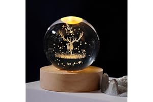 ‎HEKASVM Weihnachtsdeko 3D Kristallkugel mit LED-Licht, Schneekugel Nachtlicht Weihnachten deko mit Holzsockel, USB Lasergeätzte Kugel Lampe, Weihnachts Glaskugel Deko für Zuhause Geschenk (C x 6 cm)