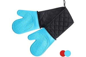 Alimat PluS Double Oven Gloves Mitts - Heat Resistant Silicone Oven Gloves Non-Slip with Cotton Lining for Kitchen, Baking, Cooking, Microwave (Blue)